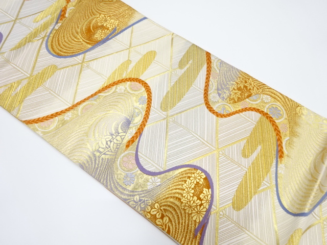 JAPANESE KIMONO / VINTAGE FUKURO OBI / SILK / WOVEN MIST & FLOWER ROUNDEL